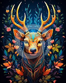 Elegant colorful illustration of a deer in the forest.