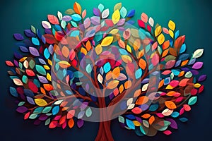 Elegant colorful tree with vibrant leaves hanging branches illustration background.