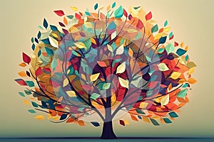 Elegant colorful tree with vibrant leaves hanging branches illustration background.