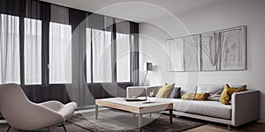 Elegant and comfortable designed living room with big corner sofa. Interior design modern apartment. Generative AI.