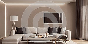 Elegant and comfortable designed living room with big corner sofa. Interior design modern apartment. Generative AI.