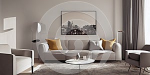 Elegant and comfortable designed living room with big corner sofa. Interior design modern apartment. Generative AI.