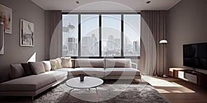 Elegant and comfortable designed living room with big corner sofa. Interior design modern apartment. Generative AI.