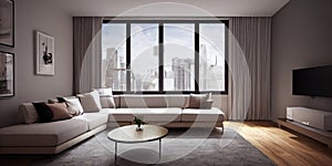 Elegant and comfortable designed living room with big corner sofa. Interior design modern apartment. Generative AI.