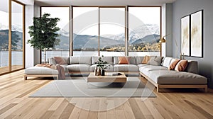 Elegant and comfortable designed living room with big corner sofa, wooden floor and big windows. Generative Ai