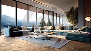 Elegant and comfortable designed living room with big corner sofa, wooden floor and big windows. Generative Ai