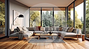 Elegant and comfortable designed living room with big corner sofa, wooden floor and big windows. Generative Ai