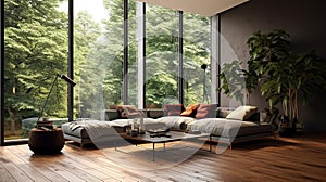 Elegant and comfortable designed living room with big corner sofa, wooden floor and big windows. Generative Ai