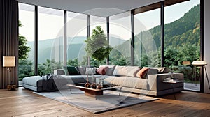 Elegant and comfortable designed living room with big corner sofa, wooden floor and big windows. Generative Ai