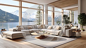 Elegant and comfortable designed living room with big corner sofa, wooden floor and big windows. Generative Ai