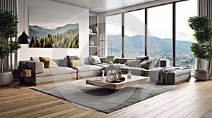 Elegant and comfortable designed living room with big corner sofa, wooden floor and big windows. Generative Ai