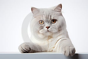 Elegant companion British Shorthair cat, white background, paw raised