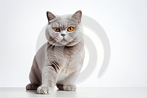 Elegant companion British Shorthair cat, white background, paw raised