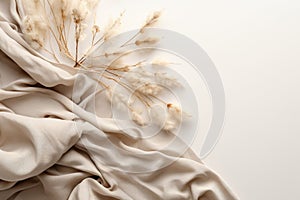 Elegant Composition With Dry Fluffy Pampas Grass And Beige Textile On A Light Background. Generative AI