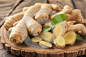 Elegant composition of fresh ginger arranged artistically on a charming wooden table photo