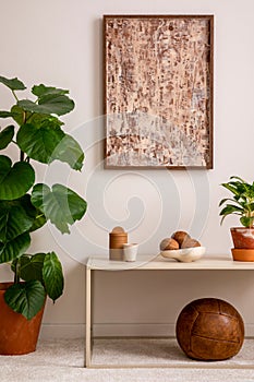 Elegant composition of living room interior with mock up poster frame, stylish bowl, plants, decoration , beige coffee table and