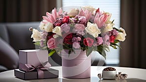 An elegant composition showcasing a vibrant bouquet of flowers and a heartfelt greeting card, two iconic gifts for celebrating mot