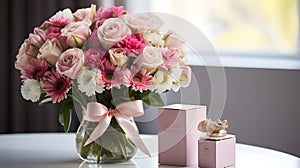 An elegant composition showcasing a vibrant bouquet of flowers and a heartfelt greeting card, two iconic gifts for celebrating mot