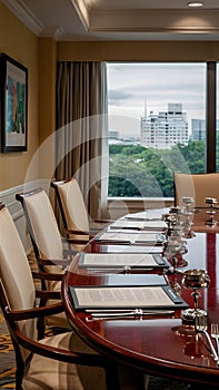 Elegant conference room with polished wooden table, silverware, documents, beige chairs.