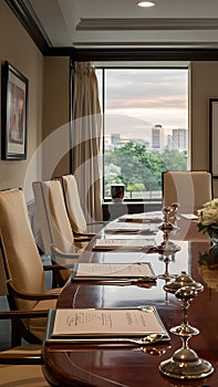 Elegant conference room with polished wooden table, silverware, documents, beige chairs.