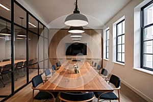Elegant conference room with wooden table, black chairs, glass partitions, large windows, and black pendant lights