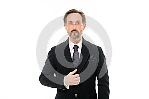 Elegant and confident. Fashionable aged business person. Mature businessman in formal wear. Senior man with grey beard