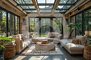 Elegant conservatory with stone walls and modern furnishings surrounded by nature