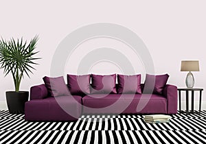 Elegant contemporary fresh interior with purple sofa