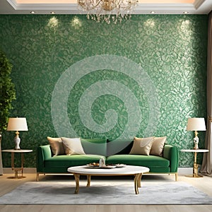 Elegant, contemporary living room interior with a green wall pattern backdrop