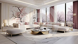 Elegant and contemporary living room interior with pink toned colors and artwork adorning the wall