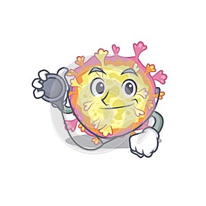 An elegant coronaviridae virus in a Doctor Cartoon character with tools