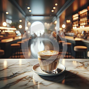 Elegant cortado on a marble countertop, softly blurred cafe interior. AI generated. photo