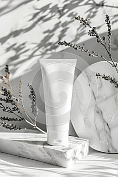 Elegant Cosmetic Tube on Minimalist Pedestal with Natural Elements