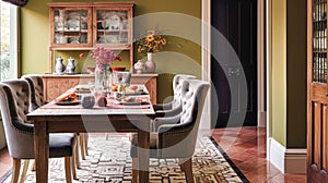 Elegant cottage dining room decor, interior design and country house furniture, home decor, table and chairs, English