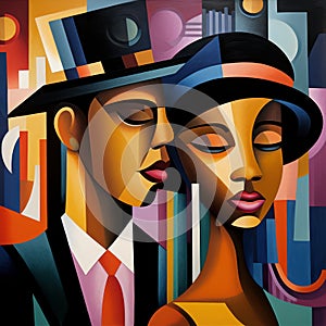 Elegant couple in cubist style with hats. AI generation