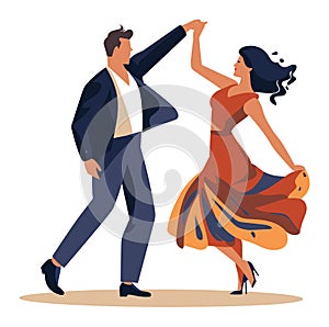 Elegant couple dancing salsa. Man in suit leading woman in red dress twirling. Latin American dance and romance vector
