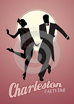 Elegant couple silhouettes wearing 20`s style clothes dancing charleston.