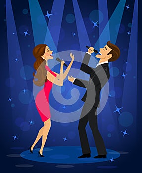 Elegant couple singing karaoke on stage in club