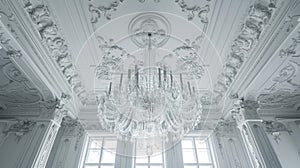 Elegant crystal chandelier suspended from a detailed white ceiling with intricate molding