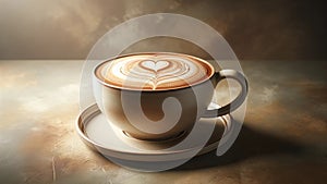 Elegant Cup of Frothy Cappuccino with Swirl Design - Cafe Culture, Warm Tones, Morning Coffee