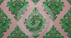 Elegant 3D Green Damask Pattern on Pink Background