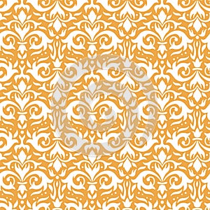 Elegant damask pattern. Ornate floral sprigs, golden baroque ornament and luxury ornamental flowers seamless vector