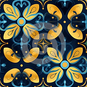 Elegant damask seamless pattern with deep blue and gold colors in a flat drawing style