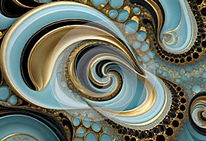 Elegant Dance of Abstract Fluid Forms in Blue and Gold, Capturing the Essence of Movement and Harmony, Generative AI