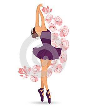 An elegant dancing ballerina in a purple dress and pointe shoes and flying flowers. Illustration vector