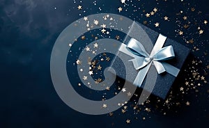 Elegant Dark blue gift box with silver ribbon on dark background. Top view of greeting gift with copy space for Christmas present