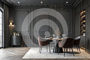 Modern dark dining room with gray empty wall