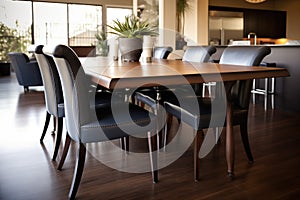 elegant dark wood table with highback leather chairs