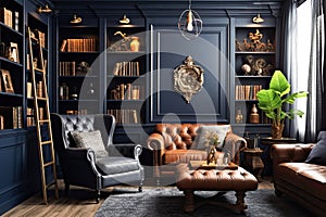 Elegant darkness, Interior design of a room in a captivating dark style.