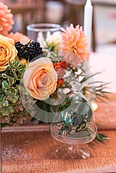 Elegant decor of a wedding bank in peach and green